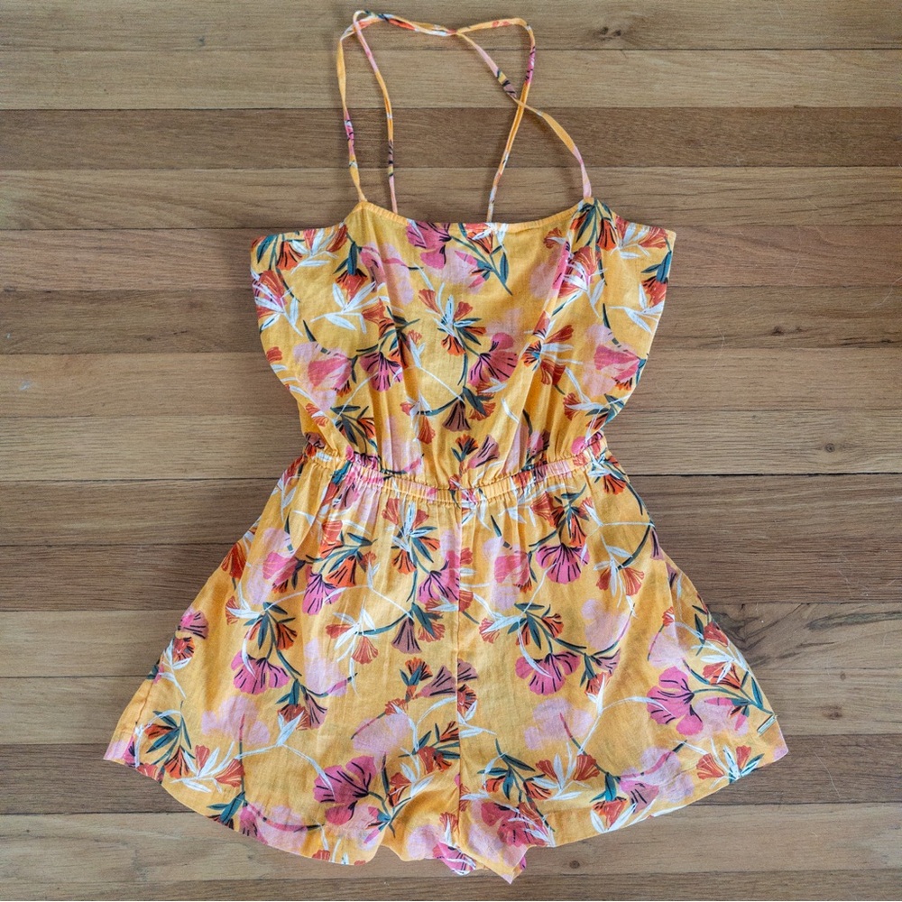 🌺 ROXY On Way Love Romper Floral Tangerine Yellow Beach Coverup Pink Flowers👙🍊